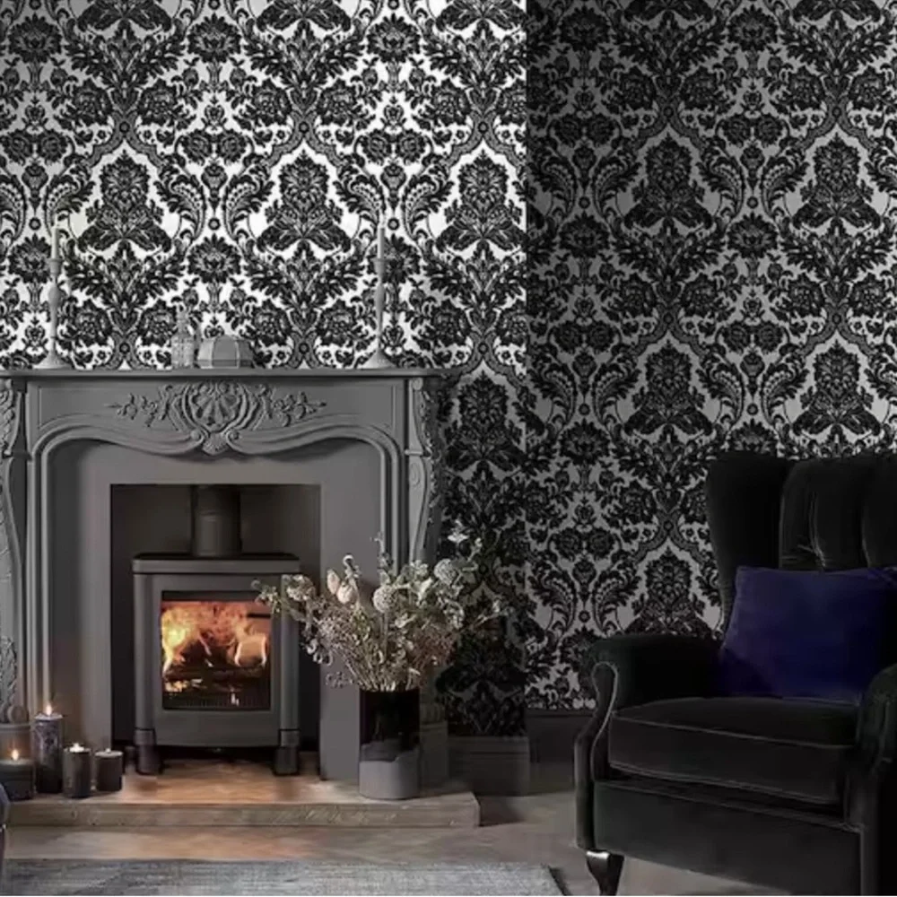 New! Gothic Damask- Black & Silver Flock Wallpaper by Graham & Brown, dbl roll